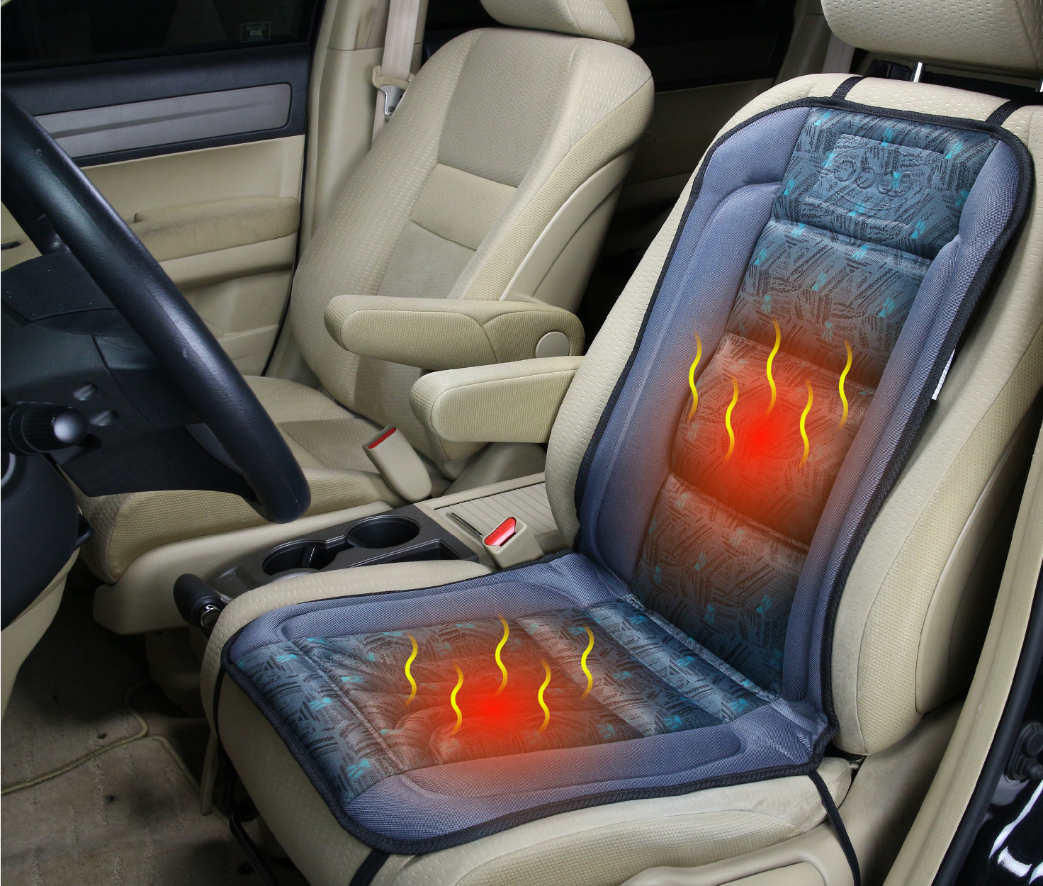 SH-4170C Beheizbare Sitzauflage12V, DE LUXE, für PKW und Transporter (grau mit Muster grun)