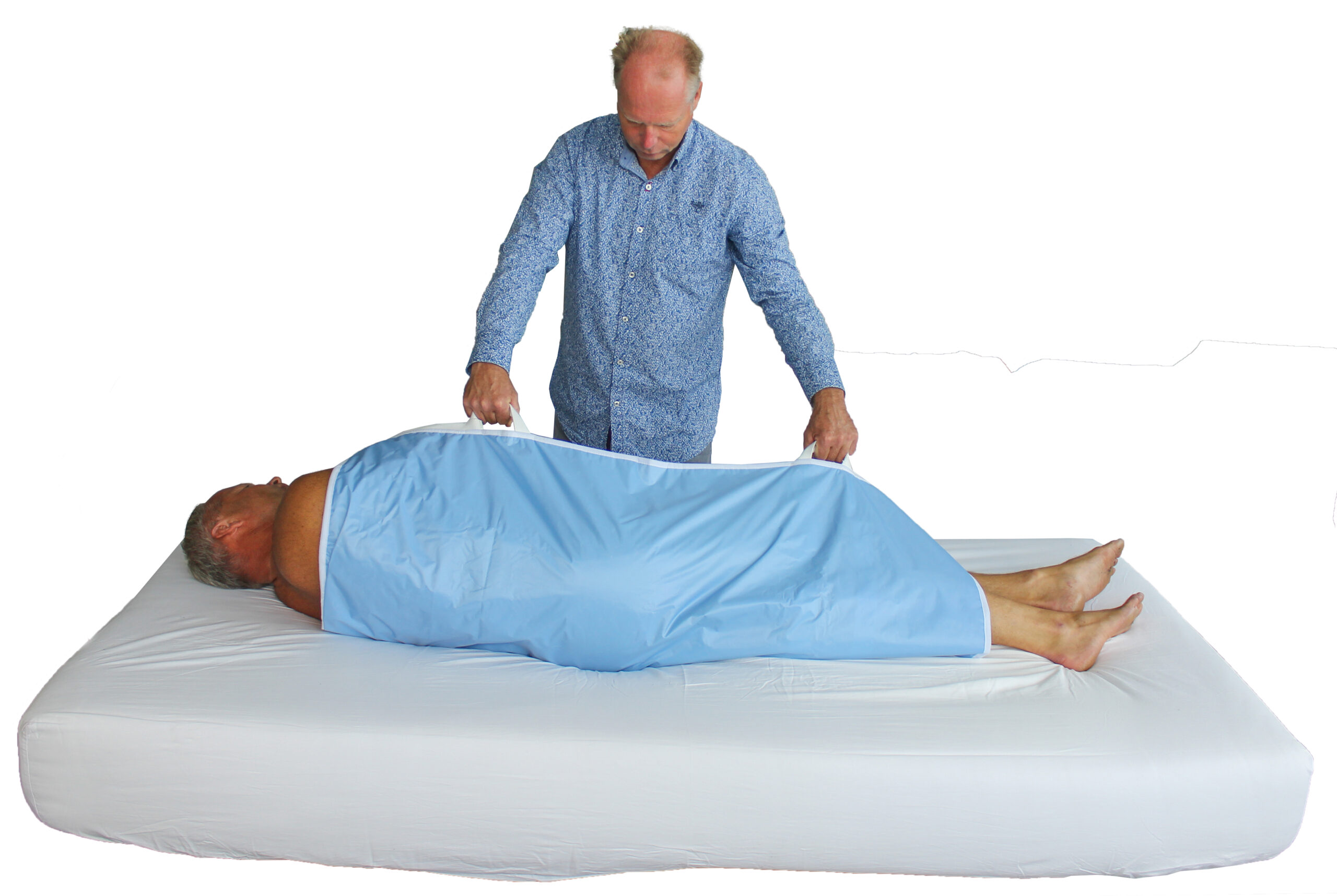 ObboMed MC-3020 extra große 4-lagige Bettauflage mit Griffen, Inkontinenzschutz, für Patienten-Transfer, Bettpositionierung, zum Drehen, Wenden und Übertragen des Patienten, einfache Körperverlagerung für den Pfleger, waschbar, wiederverwendbar, Abmessung L 122x B 101cm – Bild 3