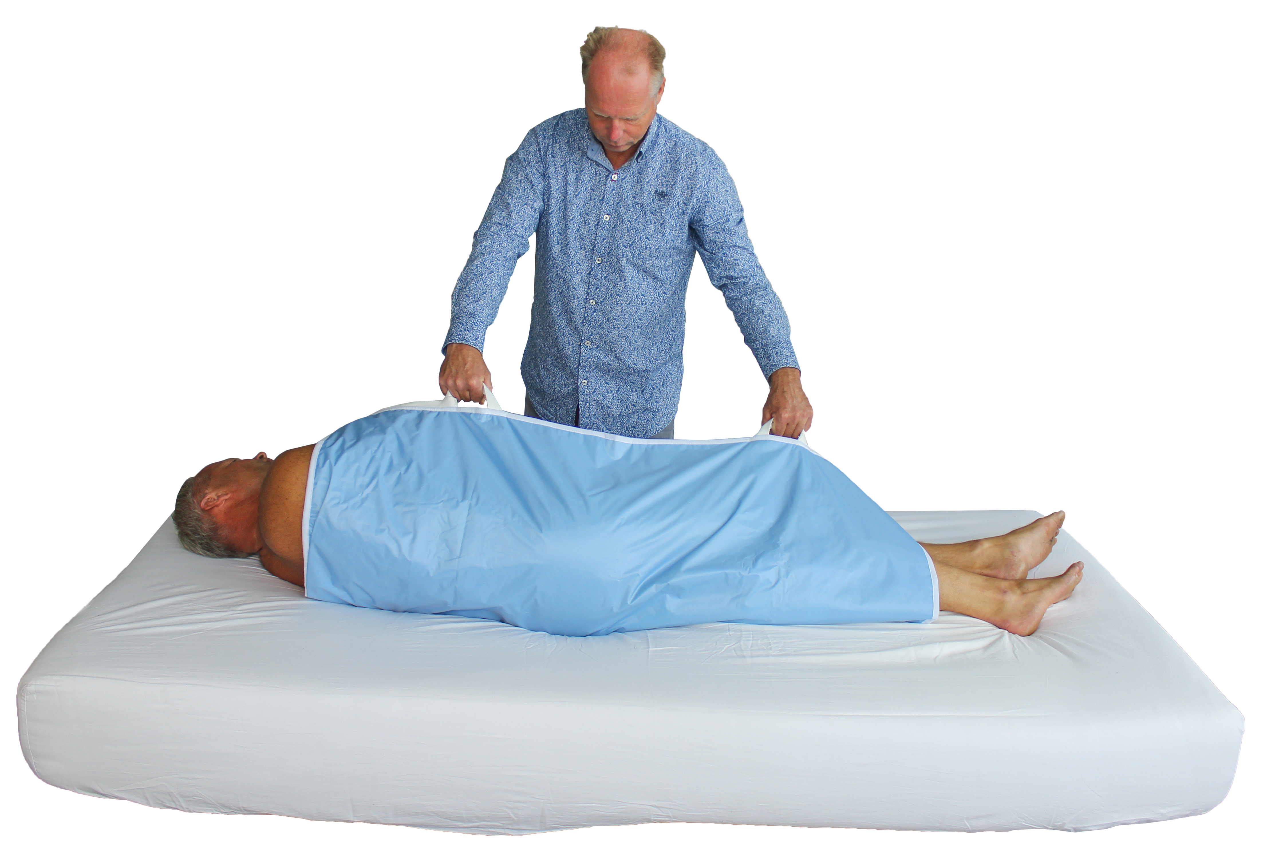 ObboMed MC-3020 extra große 4-lagige Bettauflage mit Griffen, Inkontinenzschutz, für Patienten-Transfer, Bettpositionierung, zum Drehen, Wenden und Übertragen des Patienten, einfache Körperverlagerung für den Pfleger, waschbar, wiederverwendbar, Abmessung L 122x B 101cm – Bild 2